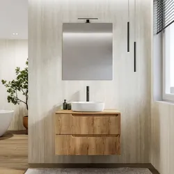 Mobile bagno sospeso 80 cm rovere acero cannettato con top e specchio - Konai plus