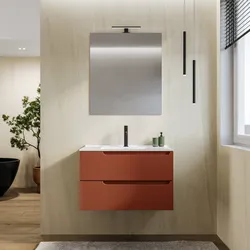 Mobile bagno sospeso 80 cm terracotta cannettato con lavabo e specchio - Konai plus