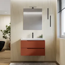 Mobile bagno sospeso 80 cm terracotta cannettato con lavabo in ceramica e specchio - Konai plus