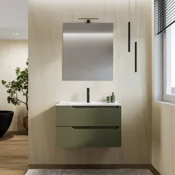 Mobile bagno sospeso 80 cm verde nordico cannettato con lavabo e specchio - Konai plus