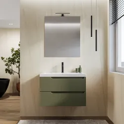 Mobile bagno sospeso 80 cm verde nordico cannettato con lavabo in ceramica e specchio - Konai plus
