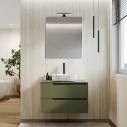 Mobile bagno sospeso 80 cm verde nordico cannettato con top e specchio - Konai plus
