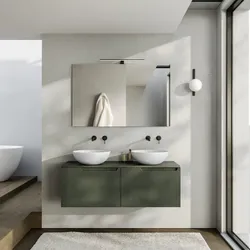 Mobile bagno sospeso 120 cm 2 cassetti verde cemento cannettato con top e specchio - Konai