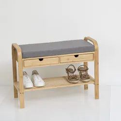 Panca contenitore 74x55h cm in bambù naturale con 2 cassetti e scarpiera