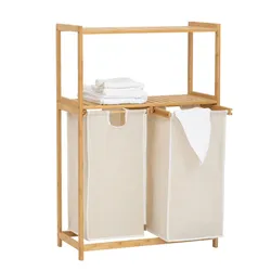 Mobile bagno o lavanderia 72x109 cm in bambù naturale e tessuto bianco con portabiancheria - Lascaux