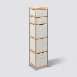 Colonna multiuso 35x144h cm in bambù naturale con 5 cassetti in tessuto bianco - Lascaux