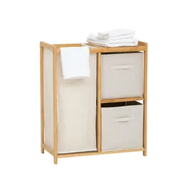 Mobile bagno o lavanderia 66x79h cm in bambù naturale e tessuto bianco con portabiancheria - Lascaux