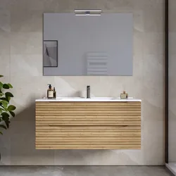 Mobile bagno sospeso 100 cm 2 cassetti rovere acero cannettato con lavabo e specchio - Nosybe