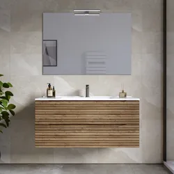 Mobile bagno sospeso 100 cm 2 cassetti rovere america cannettato con lavabo e specchio - Nosybe