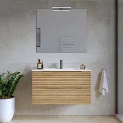 Mobile bagno sospeso 80 cm 2 cassetti rovere acero cannettato con lavabo e specchio - Nosybe