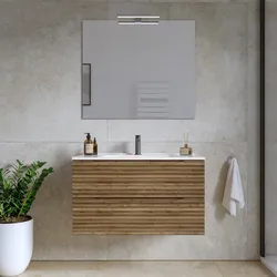 Mobile bagno sospeso 80 cm 2 cassetti rovere america cannettato con lavabo e specchio - Nosybe