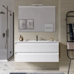 Mobile bagno sospeso 100 cm 2 cassetti bianco opaco cannettato con lavabo e specchio - Morea
