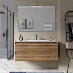 Mobile bagno sospeso 100 cm 2 cassetti rovere america cannettato con lavabo e specchio - Morea