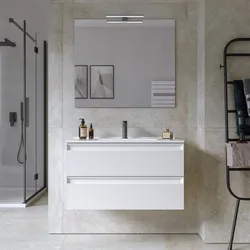 Mobile bagno sospeso 80 cm 2 cassetti bianco opaco cannettato con lavabo e specchio - Morea