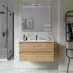 Mobile bagno sospeso 80 cm 2 cassetti rovere acero cannettato con lavabo e specchio - Morea
