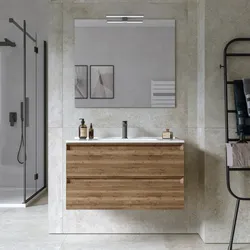 Mobile bagno sospeso 80 cm 2 cassetti rovere america cannettato con lavabo e specchio - Morea