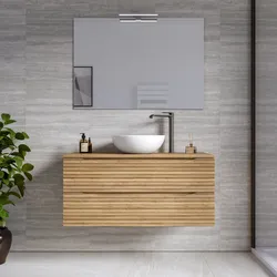 Mobile bagno sospeso 100 cm 2 cassetti rovere acero cannettato con top e specchio - Nosybe