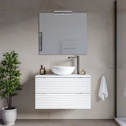Mobile bagno sospeso 80 cm 2 cassetti bianco opaco cannettato con top e specchio - Nosybe