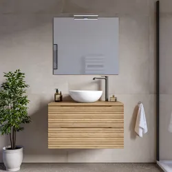 Mobile bagno sospeso 80 cm 2 cassetti rovere acero cannettato con top e specchio - Nosybe