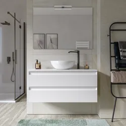 Mobile bagno sospeso 100 cm 2 cassetti bianco opaco cannettato con top e specchio - Morea