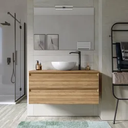 Mobile bagno sospeso 100 cm 2 cassetti rovere acero cannettato con top e specchio - Morea