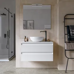 Mobile bagno sospeso 80 cm 2 cassetti bianco opaco cannettato con top e specchio - Morea