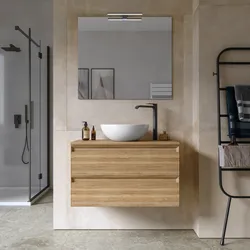 Mobile bagno sospeso 80 cm 2 cassetti rovere acero cannettato con top e specchio - Morea