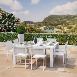 Set pranzo bianco con tavolo 160x160 cm e 8 sedie textilene e alluminio - Carioca
