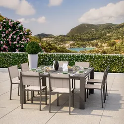 Set pranzo tortora con tavolo 160x160 cm e 8 sedie textilene e alluminio - Carioca