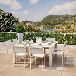 Set pranzo vaniglia con tavolo 160x160 cm e 8 sedie textilene e alluminio - Carioca