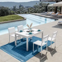 Set pranzo bianco con tavolo 135/270x90 cm e 4 sedie textilene e alluminio - Carioca