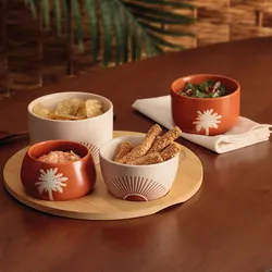 Set 5 accessori per aperitivo in ceramica rosa e bambù naturale