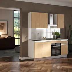 Cucina lineare 195 cm bianco e rovere top 40 mm bianco effetto marmo con 2 pensili e maniglie a gola - Zyva