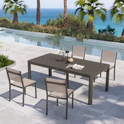 Set pranzo tortora con tavolo 200/260/320x100 cm e 4 sedie textilene e alluminio - Carioca