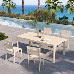 Set pranzo vaniglia con tavolo 200/260/320x100 cm e 4 sedie textilene e alluminio - Carioca