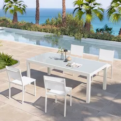 Set pranzo bianco con tavolo 200/300x100 cm top vetro e 4 sedie textilene e alluminio - Carioca