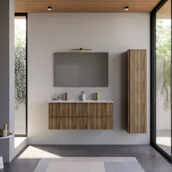 Mobile bagno sospeso 120 cm rovere america cannettato con lavabo doppia vasca e specchio - Gaia
