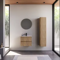 Mobile bagno sospeso 60 cm rovere acero cannettato con lavabo e specchio - Gaia