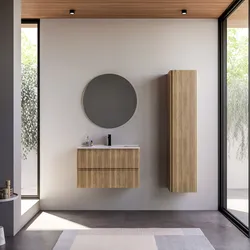 Mobile bagno sospeso 80 cm rovere acero cannettato con lavabo e specchio - Gaia