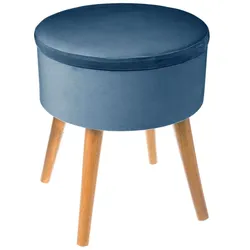 Pouf contenitore rotondo 36 cm in velluto petrolio con gambe in legno - Manchester
