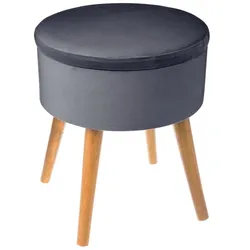 Pouf contenitore rotondo 36 cm in velluto grigio con gambe in legno - Manchester