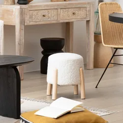 Pouf rotondo 41 cm in tessuto teddy bianco e gambe in legno - Ynuit