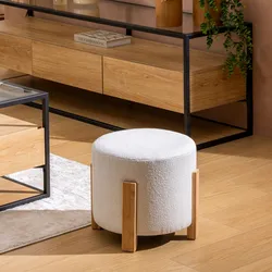 Pouf rotondo 37 cm in tessuto bouclé bianco e gambe in legno - Ynuit