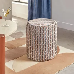 Pouf rotondo 35 cm in tessuto ciniglia bianco con motivo multicolore