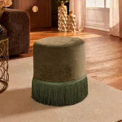 Pouf rotondo 38 cm in ciniglia verde con frange - Duchessa