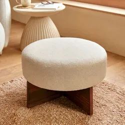 Pouf rotondo 50 cm in tessuto bouclé bianco e base in legno di pino