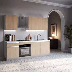 Cucina lineare 240 cm bianco e rovere top 40 mm bianco effetto marmo con 3 pensili e maniglie a gola - Zyva