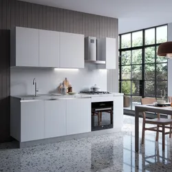 Cucina lineare 240 cm bianco top 40 mm bianco effetto marmo e 3 pensili e maniglie a gola - Zyva