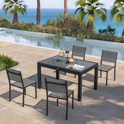 Set pranzo antracite con tavolo 135/270x90 cm top vetro e 4 sedie textilene e alluminio - Carioca