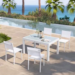 Set pranzo bianco con tavolo 135/270x90 cm top vetro e 4 sedie textilene e alluminio - Carioca